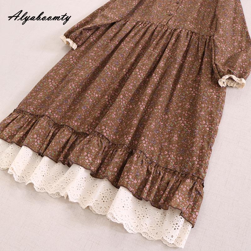 Mori Girl, весенне-осеннее женское платье в стиле ретро с воротником-стойкой, синее, абрикосовое, кофейное, с цветочным принтом, хлопковое и льняное винтажное свободное платье миди