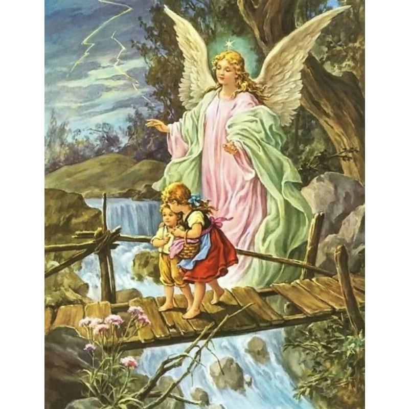 Vintage Guardian Angel Canvas Printmaking Gallery Decoration Angel Mom and Children Living Room Home Canvas Painting Wall Art