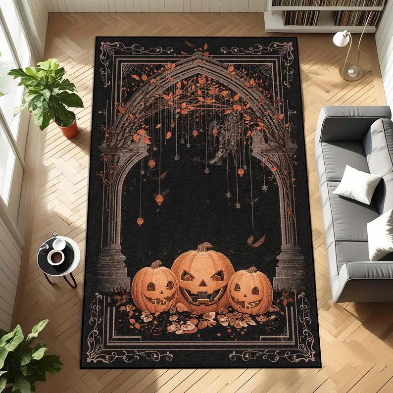 Christmas Tree Area Rug Red Gold Ornaments on Green Background Halloween Pumpkin Ghosts Rug Classic Holiday Rug for Xmas Decor