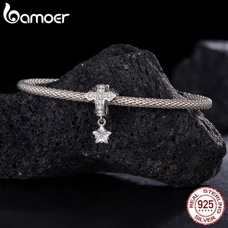 Bamoer Серебро 925 пробы Двухцветный Кулон Девы Марии Крест Шармы Защитные Крылья Бусины для Любимых Женщин DIY Аксессуары для Браслетов