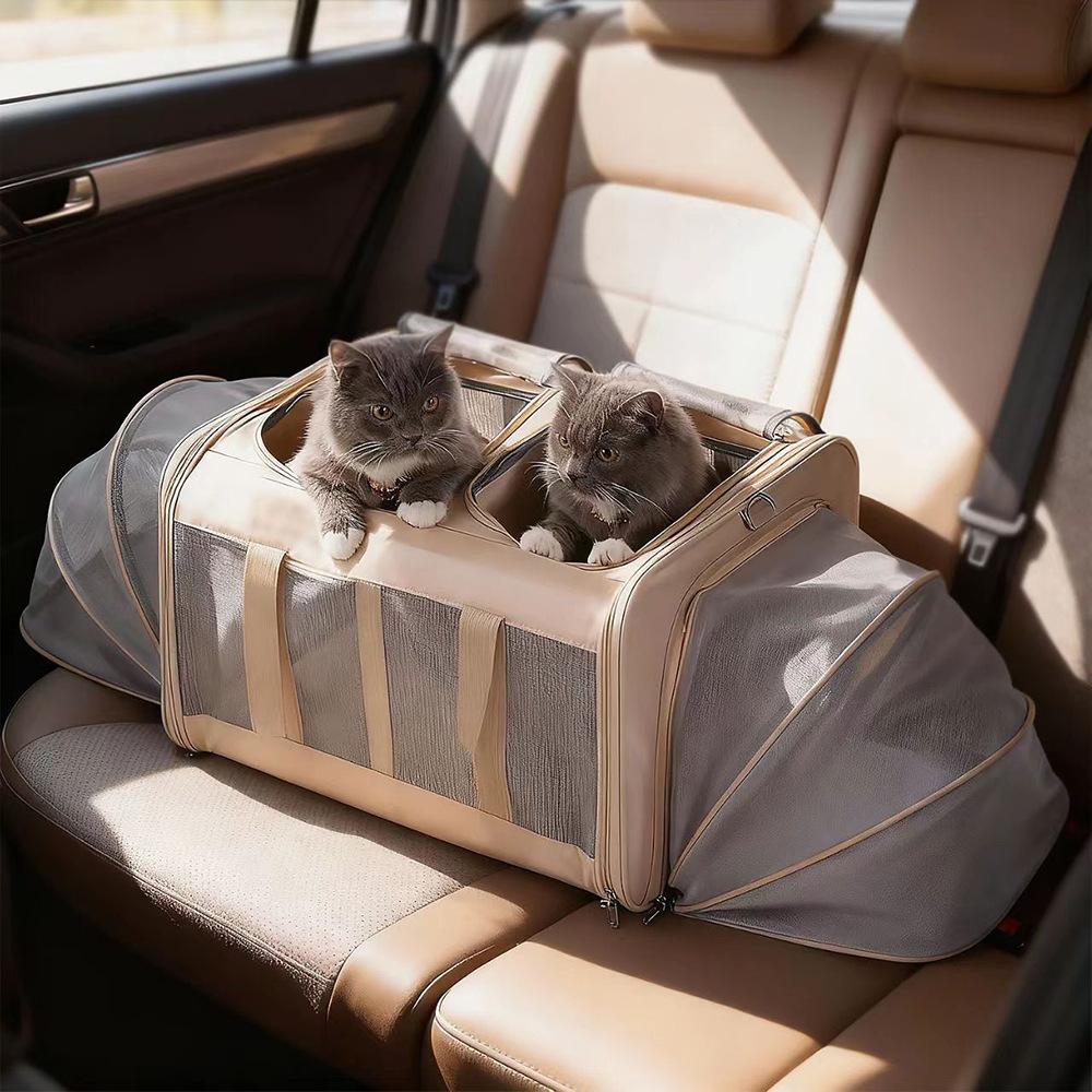 Double Cat Travel Bag Large Capacity Expandable Cat Bags Breathable Outdoor Portable Crossbody Handheld Pet Bag