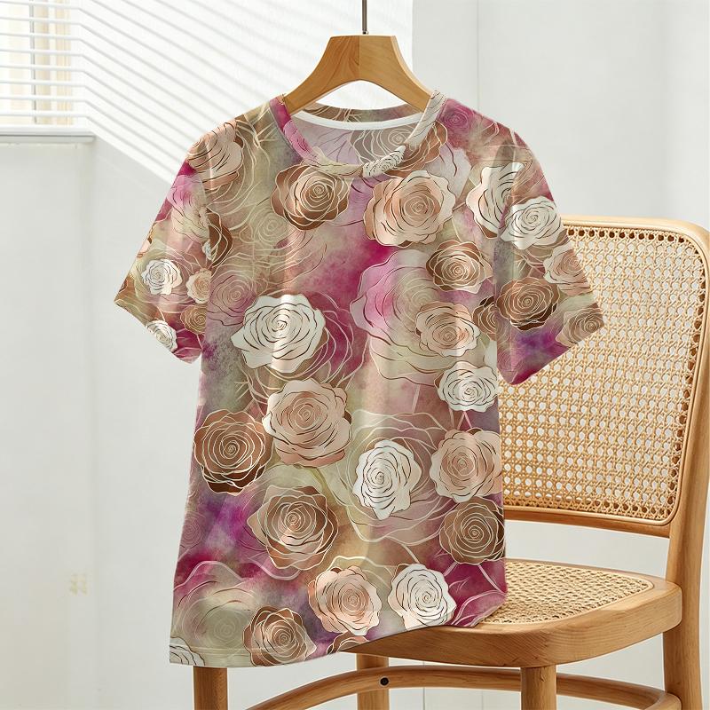Women's Colorful Rose Series Short Sleeve T-Shirt Soft,Comfortable Streetwear Casual Top,Versatile Fashion for Daily Commute & School