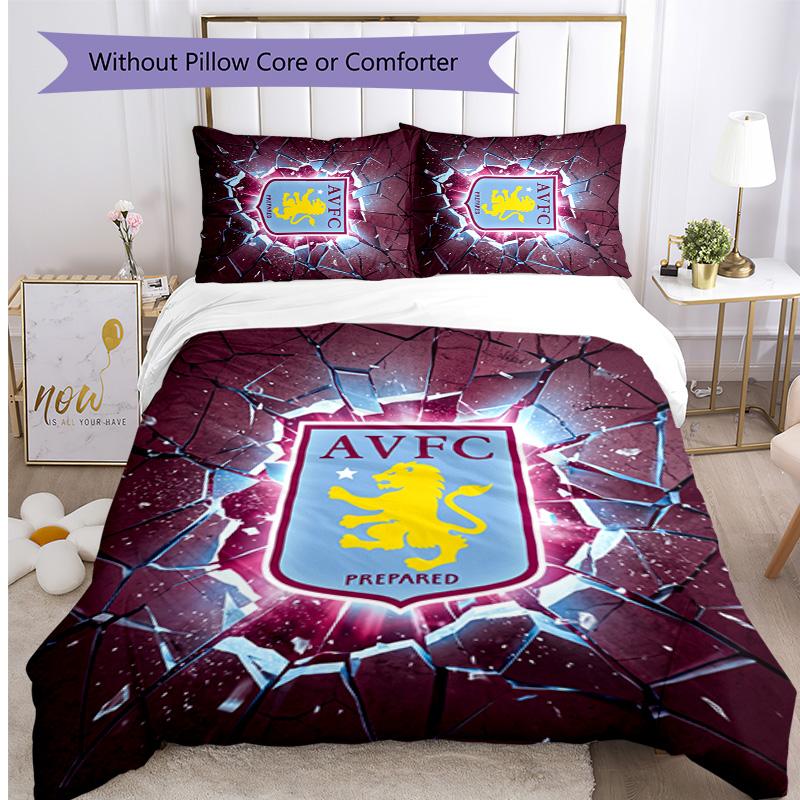 Aston Villa Football Printed 3 Pieces Bedding Set, Comfortable Skin Friendly Bedroom Duvet Cover Set