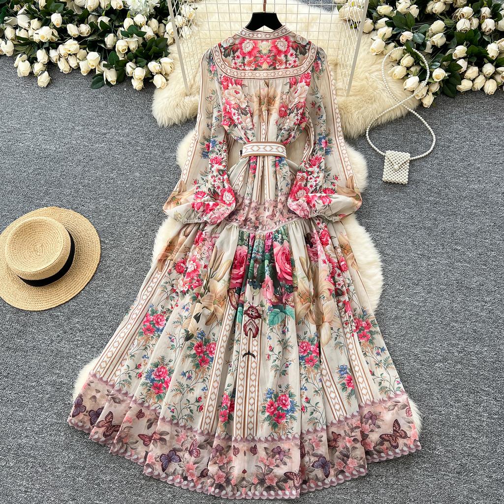 Spring Summer Women V-neck Vintage Print Chiffon Runway Dress Single Breasted Long Maxi Loose Holiday Beach Dresses with Belt