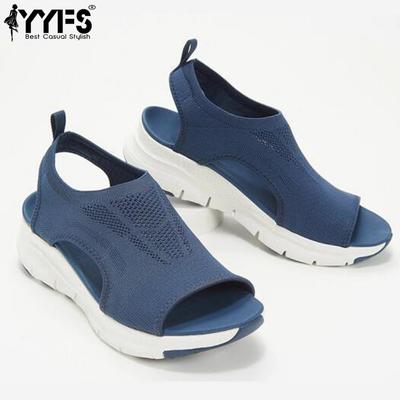 Женские сандалии на толстой подошве с открытым носком, вязаные, дышащие, легкие, с мягкой подошвой, эластичные, сандалии из летящего плетения для женщин