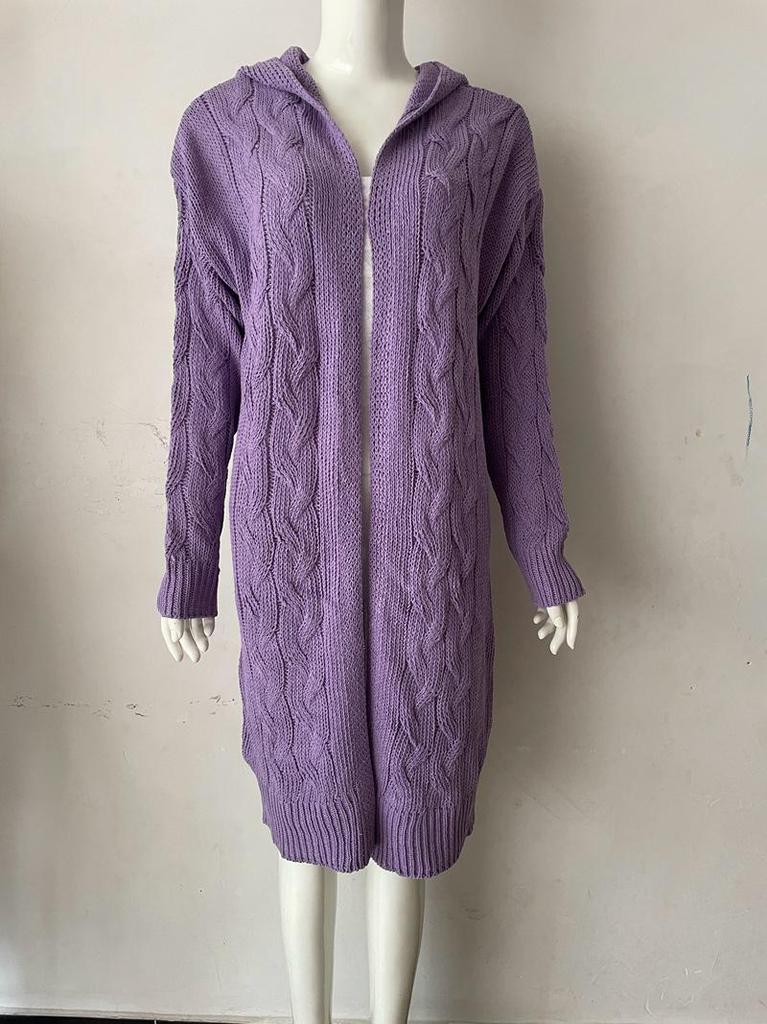 Autumn/Winter Knit Hooded Cardigan Coat - Mid-length Solid Color Cable Knitwear