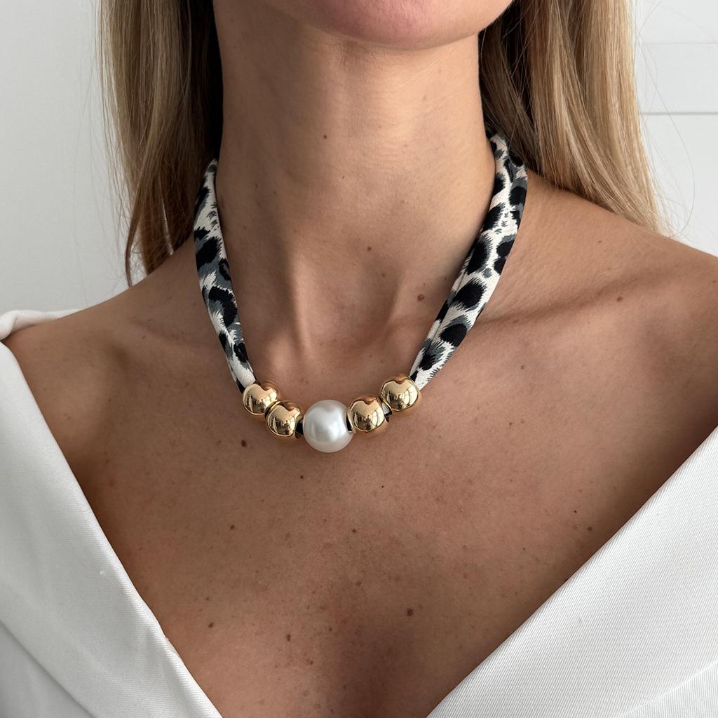 Винтажный шелковый шарф с леопардовым принтом, фланелевое knotted necklace для женщин, креативная цепочка на шею с имитацией жемчуга и CCB бусинами