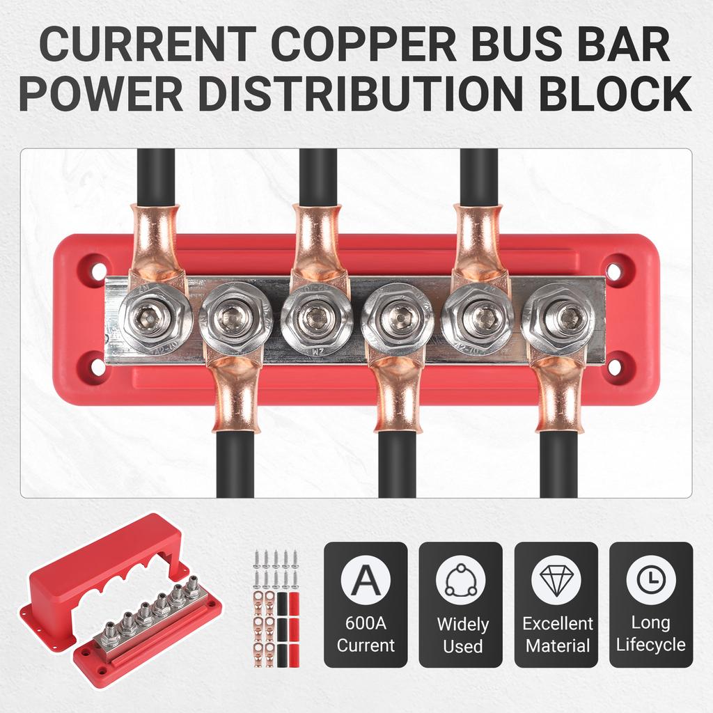 600A Bus Bar Terminal Power Distribution Block M10 Studs DC Positive Negative Terminal Block For Boat Car RV Cable Organizer