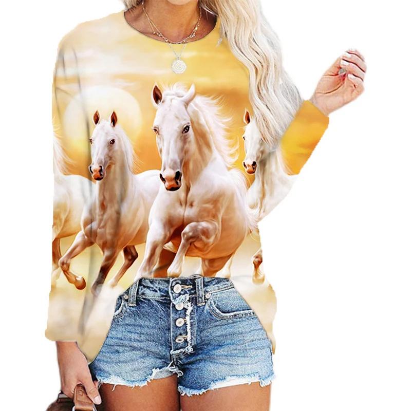 Толстовки с принтом в виде головы лошади с 3D-принтом, топ с длинным рукавом для женщин, новая весенняя одежда, толстовка с круглым вырезом, повседневная свободная женская одежда