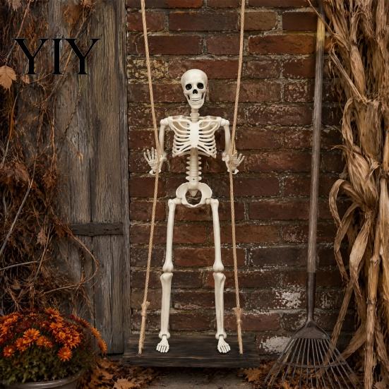 Movable Joint Skeleton Figurine Halloween Swinging Decoration, 35" Large Spooky Hanging with Decorative Swing for Wooden Yard, Garden, Porch,