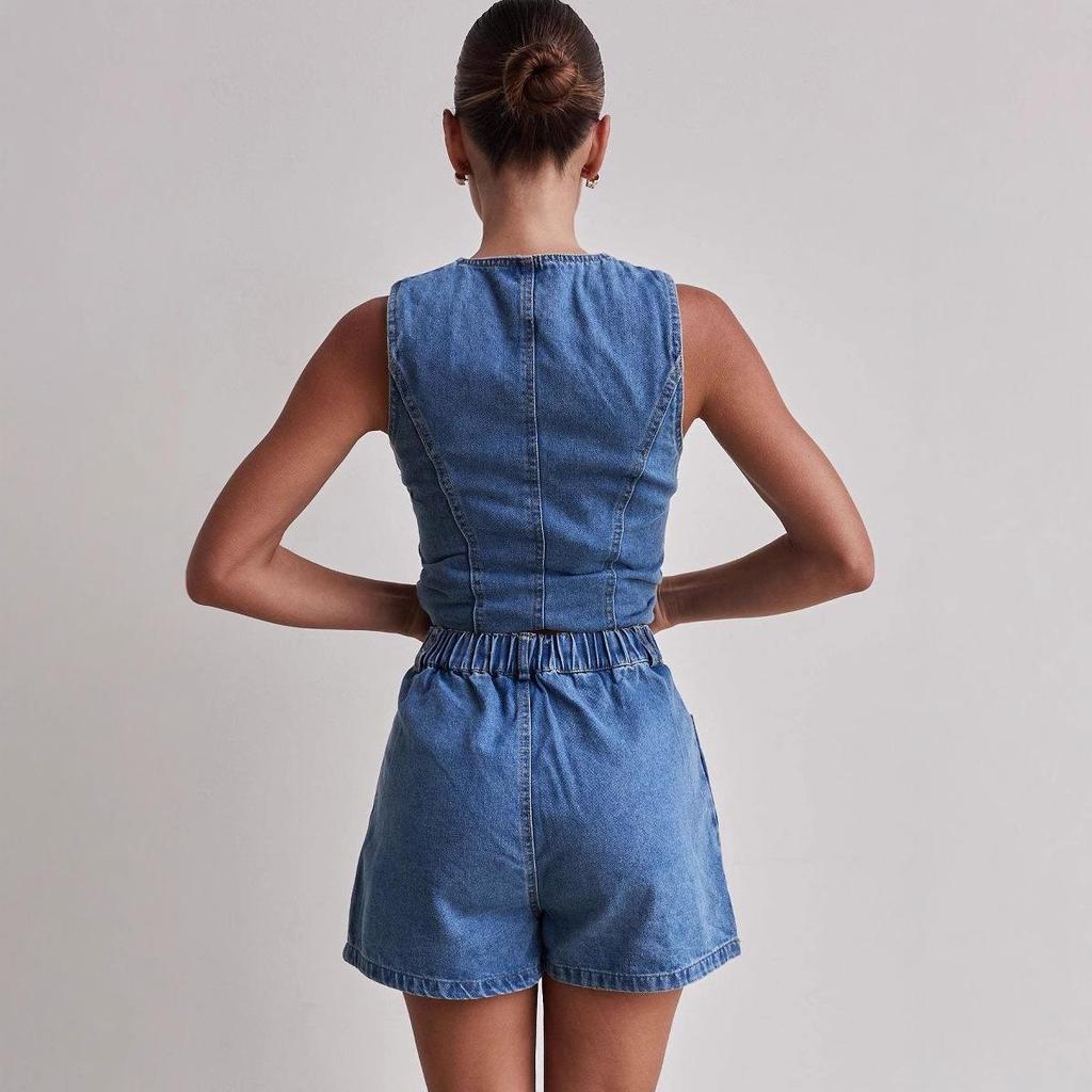 Spring/Summer 2025 European & American Fashion Sleeveless High Waist Loose Denim Shorts Set