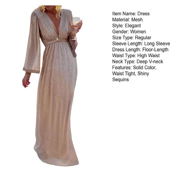 Платье вечернее в пол с глубоким V-образным вырезом, длинными рукавами, облегающее талию, с высокой талией, расшитое блестящими пайетками