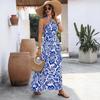 Summer Retro Style Blue & White Porcelain Print Halter Backless Split Dress