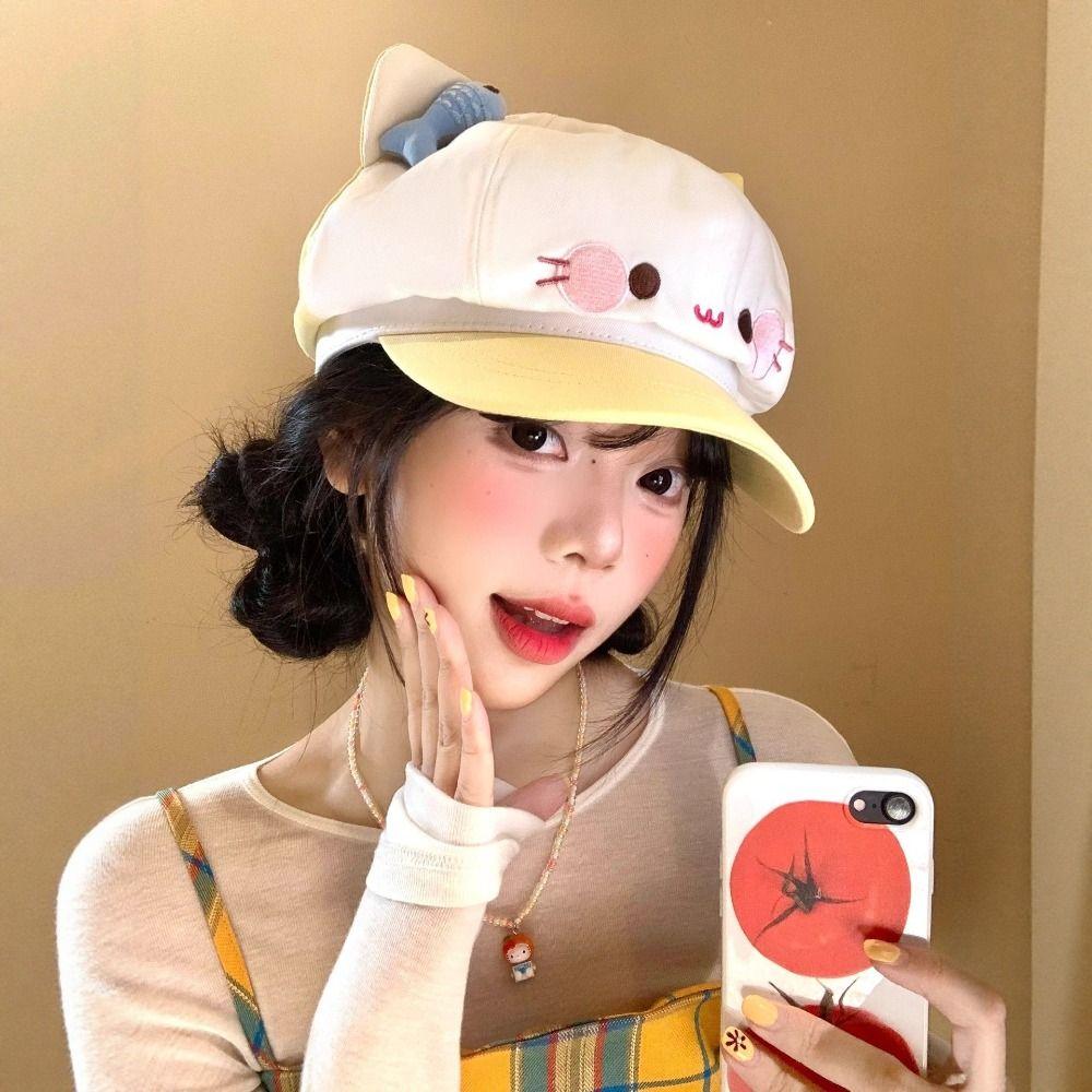 Japanese Style Cat Ears Beret Big Head Cartoon Beret Fashion Octagonal Hat Female Wear