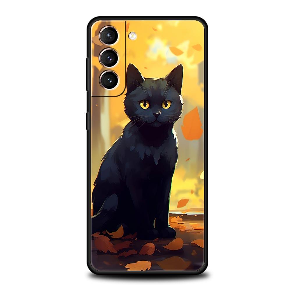Мультяшный милый кот Арт мода Чехол для телефона Для Samsung Galaxy S25 S24 S23 FE S22 Ultra S20 S21 5G S10 Plus S10E Мягкий черный чехол
