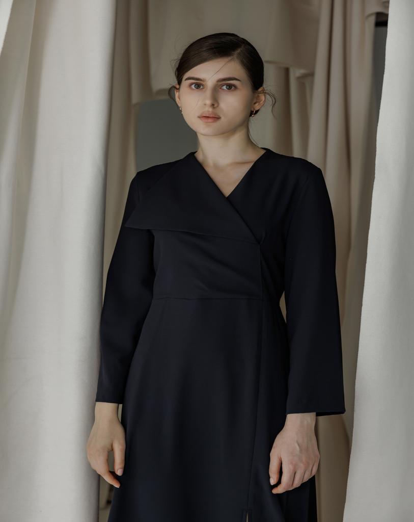 Ish V-Neck Flared Sleeve Dress (Navy)