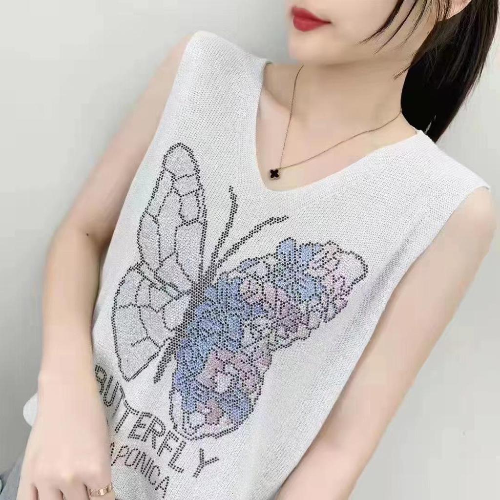 2023 Блестящий шелковый женский жилет без рукавов с V-образным вырезом - Новый стиль весна/лето, свободный крой с вязаным дизайном на бретелях с горячими бриллиантами