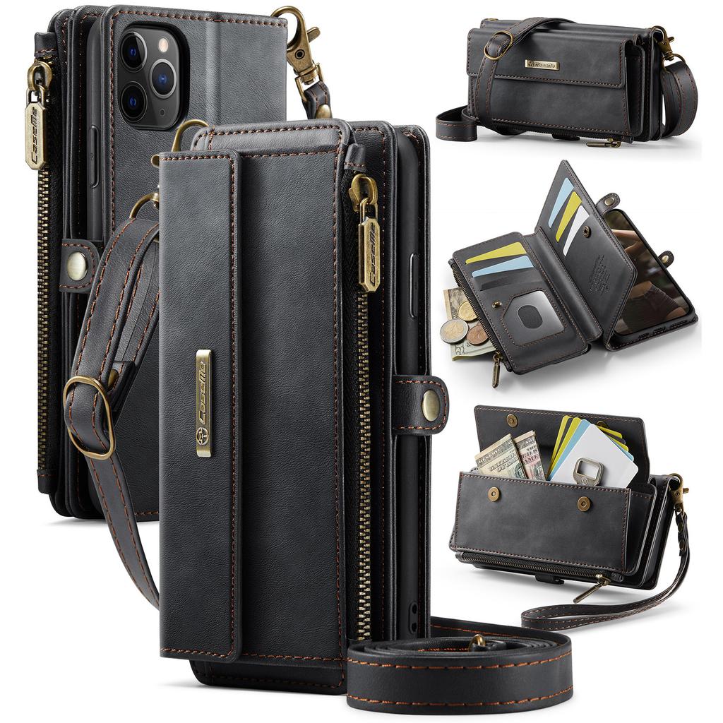 For iPhone 11 Pro Case CASEME C39 RFID Blocking Zipper Wallet Stand Leather Cover with Strap