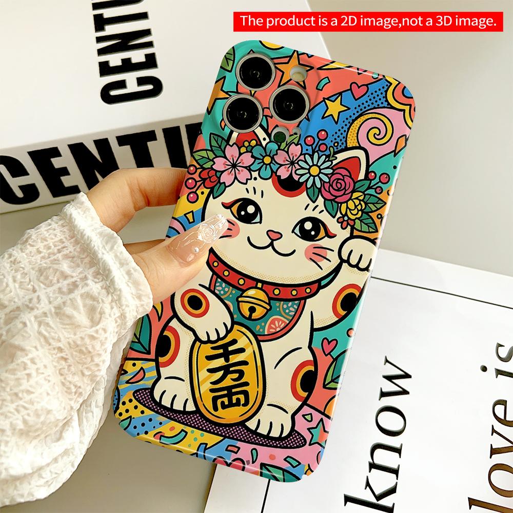 Colorful Maneki-neko with Floral Crown & Lucky Coin All inclusive film hard phone case, compatible with iPhone 18 Pro Max 17 16 15 14 13 12 11