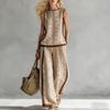 Popular bohemian style small fresh contrasting color trimmed loose wide-leg pants two-piece set floral pattern printing