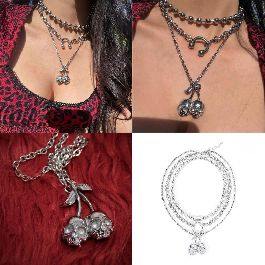 Punk Style Multilayer Skull Cherry Necklace For Women With Zinc Alloy Chain