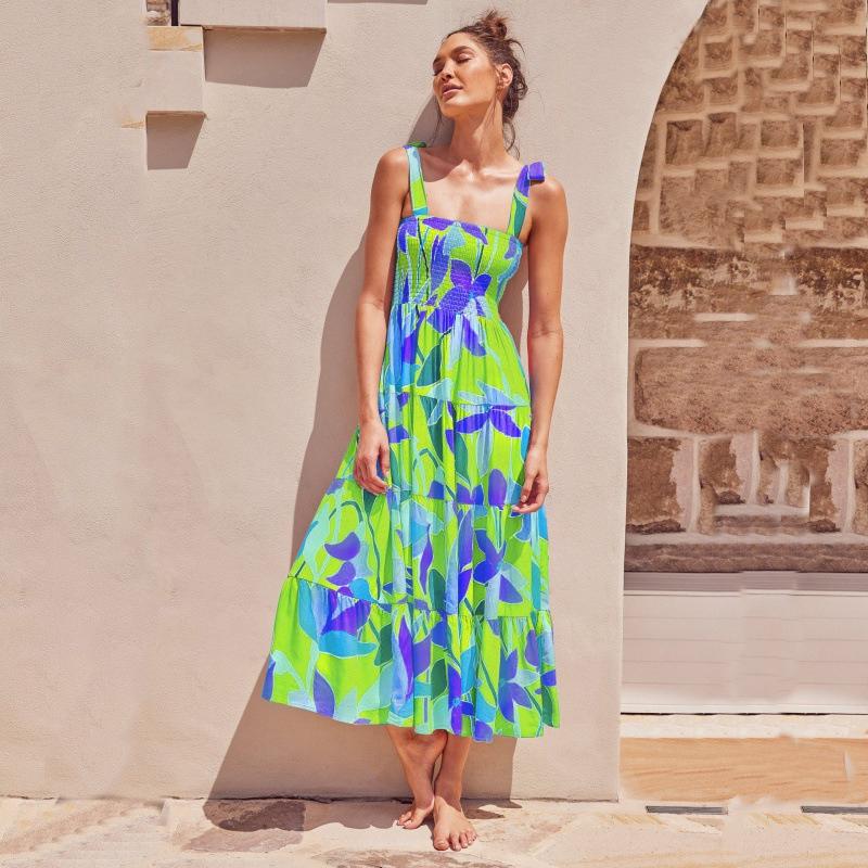 Длинное платье на бретельках с цветочным принтом для женщин с квадратным вырезом и высокой талией, платье макси без рукавов, летние каникулы, пляжное длинное платье, дышащее тонкое мягкое удобное платье