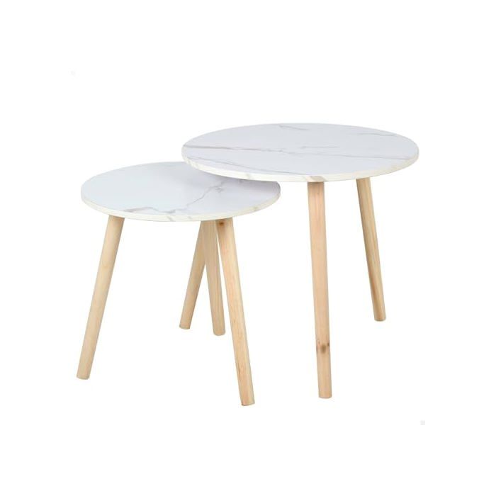 Tables d'appoint - AKTIVE - Lot de 2 - 40x44 cm - 50x50 cm - Blanches - Pieds en bois naturel - Effet marbre