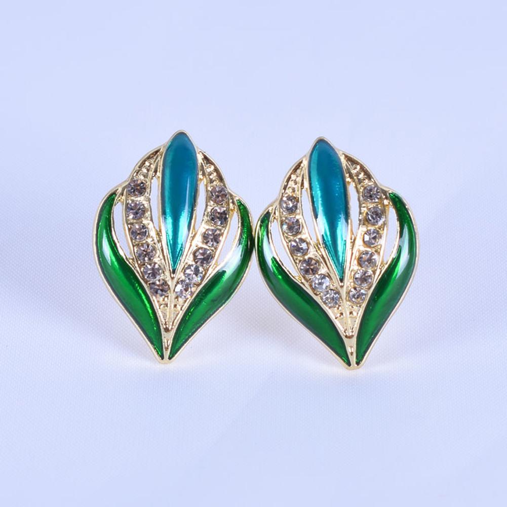 1 Pair of Women's Earrings Retro Style Leaf and Bud Colorful Glaze Diamond-mounted Ear Clip