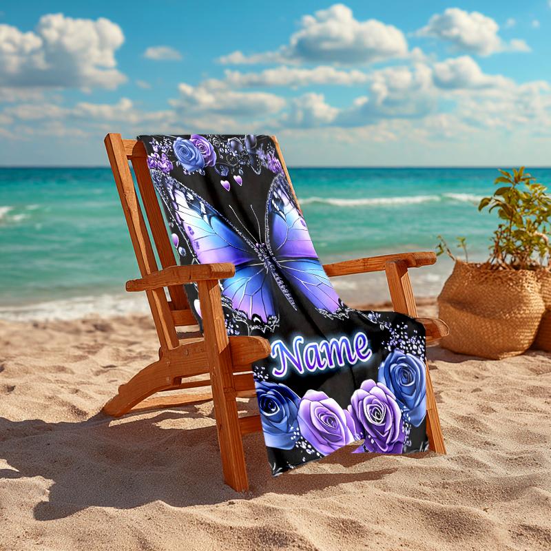 1PC Custom Name Purple Butterfly Roses Beach Towel Highly Absorbent And Sand-Resistant Towel for Swimming, Pool, Yoga, And Travel Lightweight