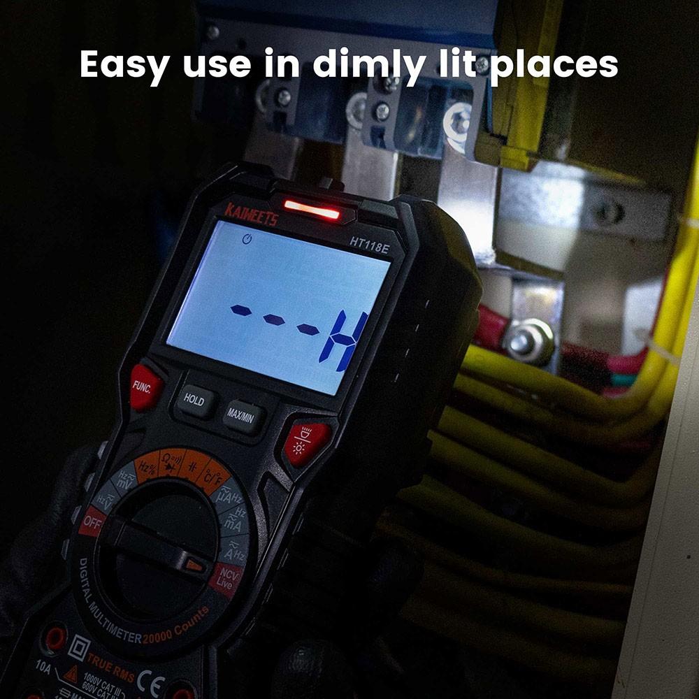Цифровой мультиметр KAIWEETS HT118E AC/DC, TRMS 20000 отсчетов, 2,7-дюймовый дисплей, светодиодные гнезда, автоматический выбор диапазона - черный