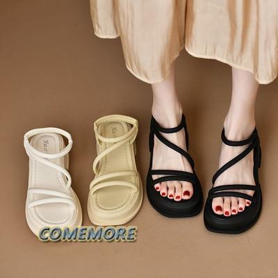 Модная повседневная обувь, сандалии для улицы 2024 года, летняя женская обувь на платформе, женский бежевый универсальный толстый гладиатор, новый низкий черный модный