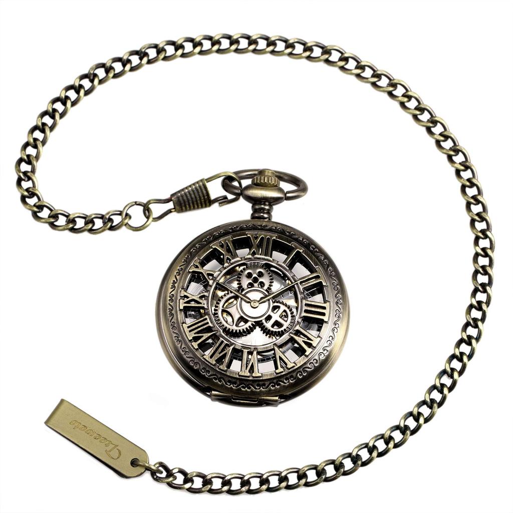 TREEWETO Скелетон с ручным заводом, механический, двойной корпус, римские цифры, антикварный, с цепочкой для ключей, бронза