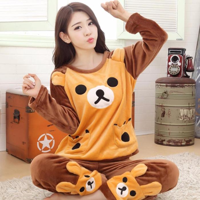 Утолщенная теплая фланелевая пижама осень-зима плюс размер пижамный комплект с длинными рукавами милый мультяшный медведь домашняя одежда школьная одежда для отдыха