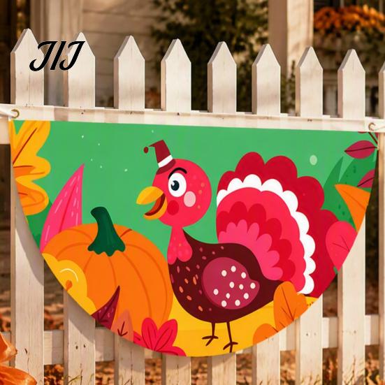 Blue White Pumpkin Decor Fall Bunting Fan Flag for Outside, 1.5 x 3ft Turkey Maple Festive Porch Accents Leaf Pattern Hanging Banner, Thanksgiving