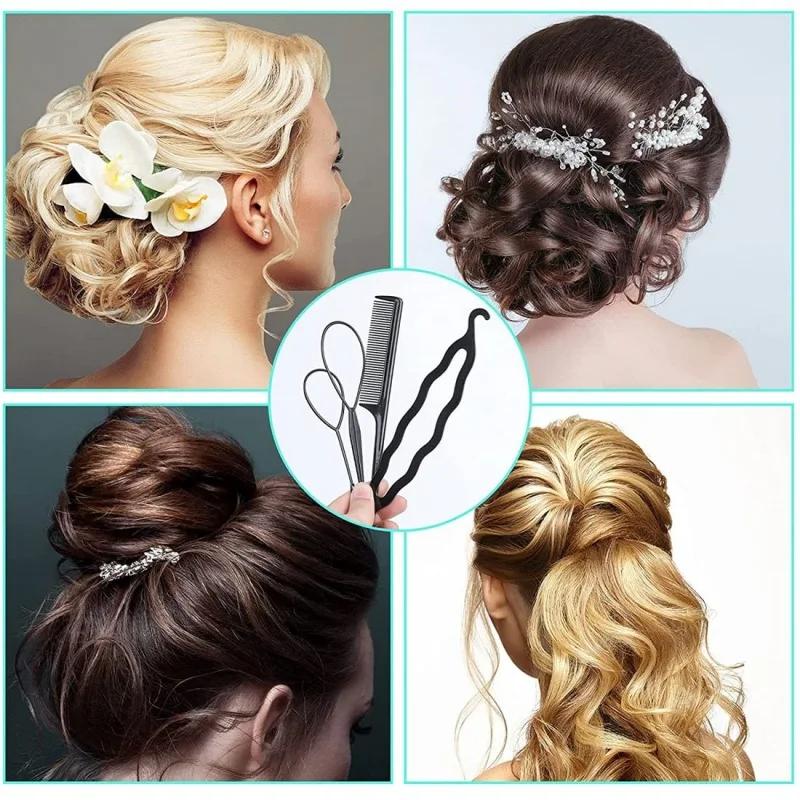 Набор из 4 предметов: подставка для волос, выпрямитель для волос, расческа, набор инструментов для укладки волос, плетеный бублик, аксессуары для ухода за волосами.