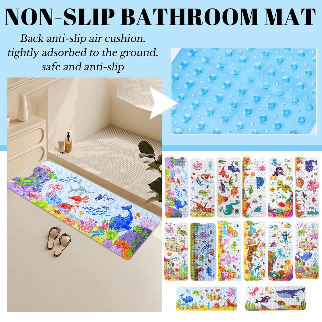 Cartoon Baby Bath Mat, Kids Bathtub Mat Non For Toddler Bath Shower , 39.37In X 15.75In With Holes And Suction Cups Machine Washable