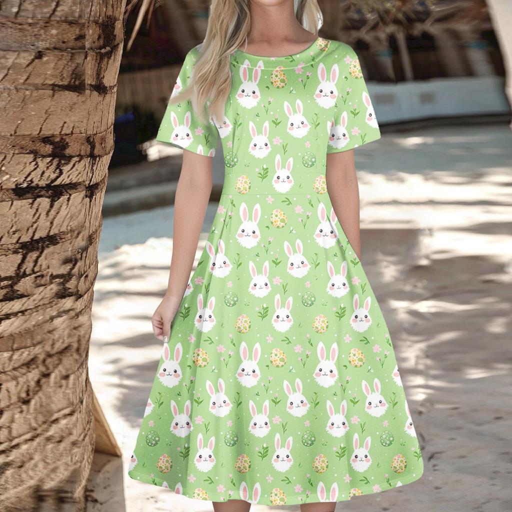 Женское повседневное модное платье с пасхальным принтом, круглое платье с коротким рукавом и талией, средней длины (с молнией)