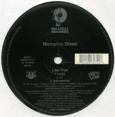 12-дюймовая пластинка MEMPHIS BLEEK Like That B000377611 RocAFella Rec 2005 US Rap HipHopRB Б/у