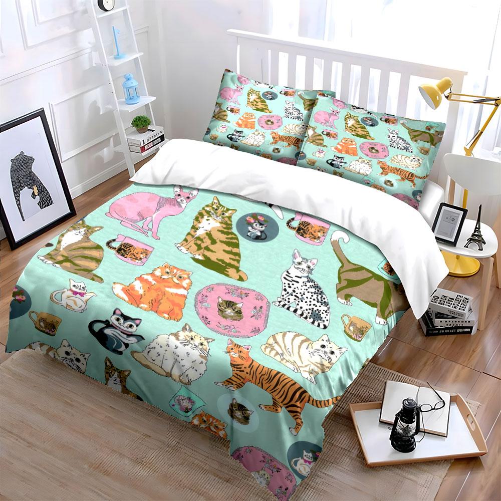 3Pcs Vintage Tabby Cat Tea Cup Floral Duvet Cover Set, Light Green Base Kitty Bedding Single Double King Queen, Gift