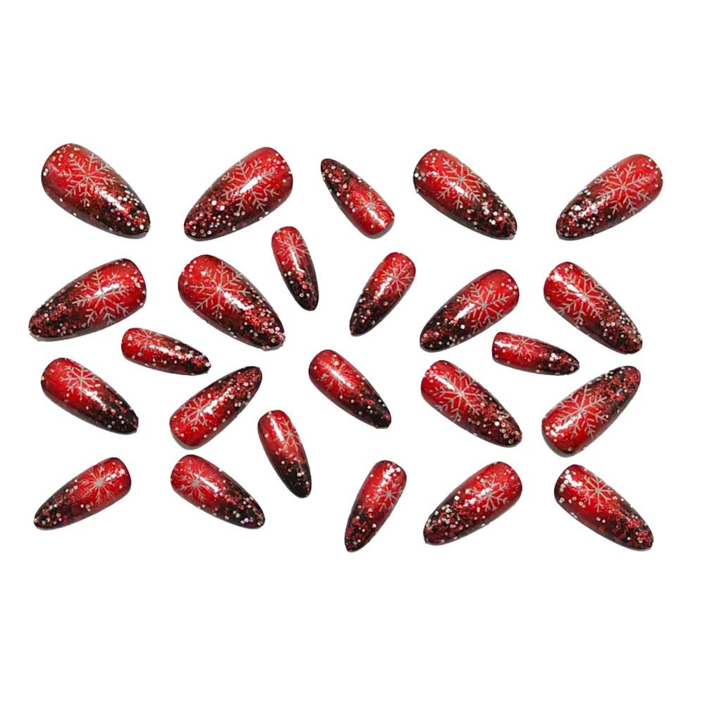 Christmas Almond-shaped Red And Black Gradient Snowflake Fake Nails Wearable Nail Patches 24 Pieces