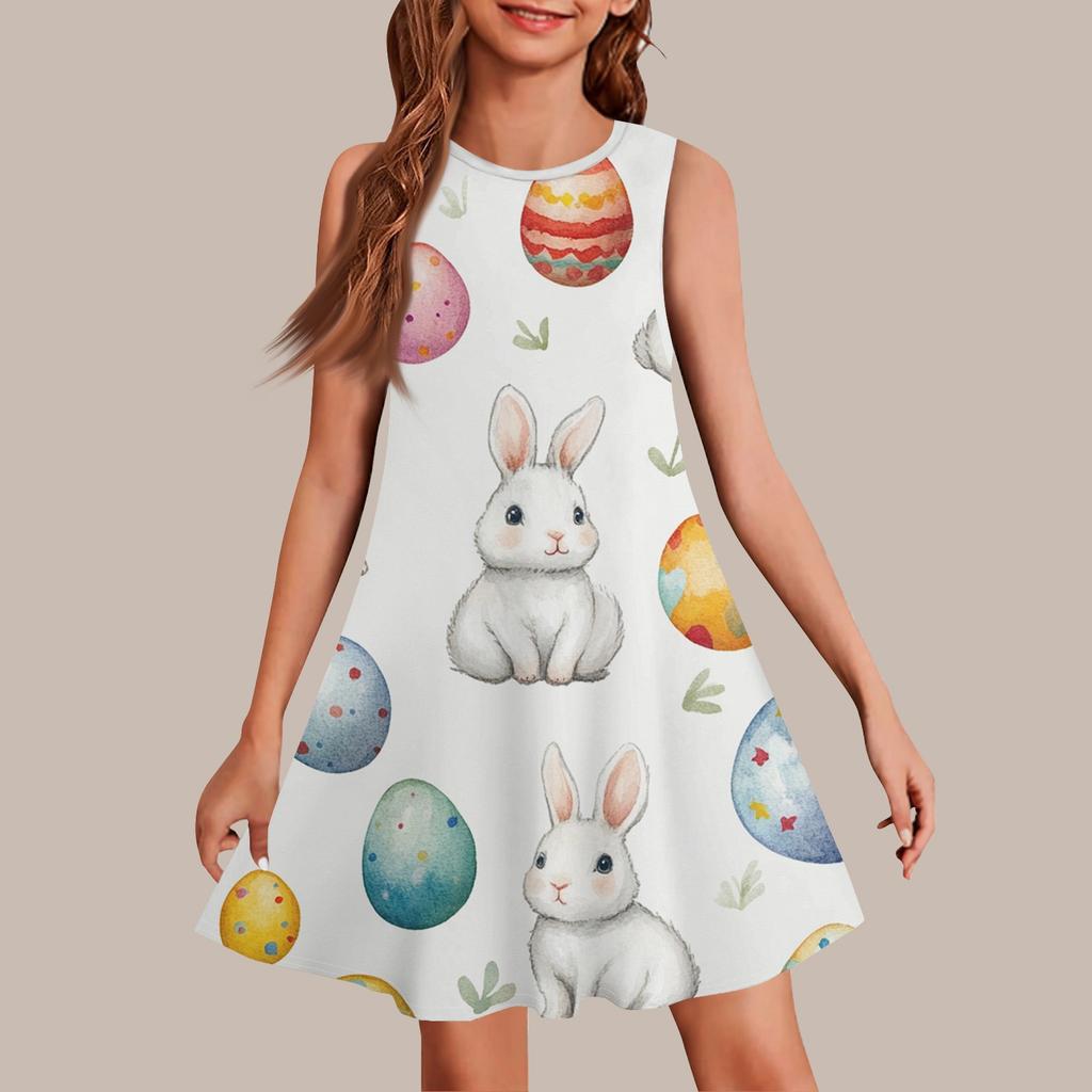Девочки мода повседневный без рукавов круглый вырез пасхальный принт платье