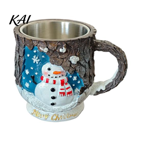 Christmas Party Supplies Theme Mug with Stainless Steel Liner, 3D Relief Hand Decorative Beverage Cups Painted Resin Coffee Cup, Drinkware for Holiday