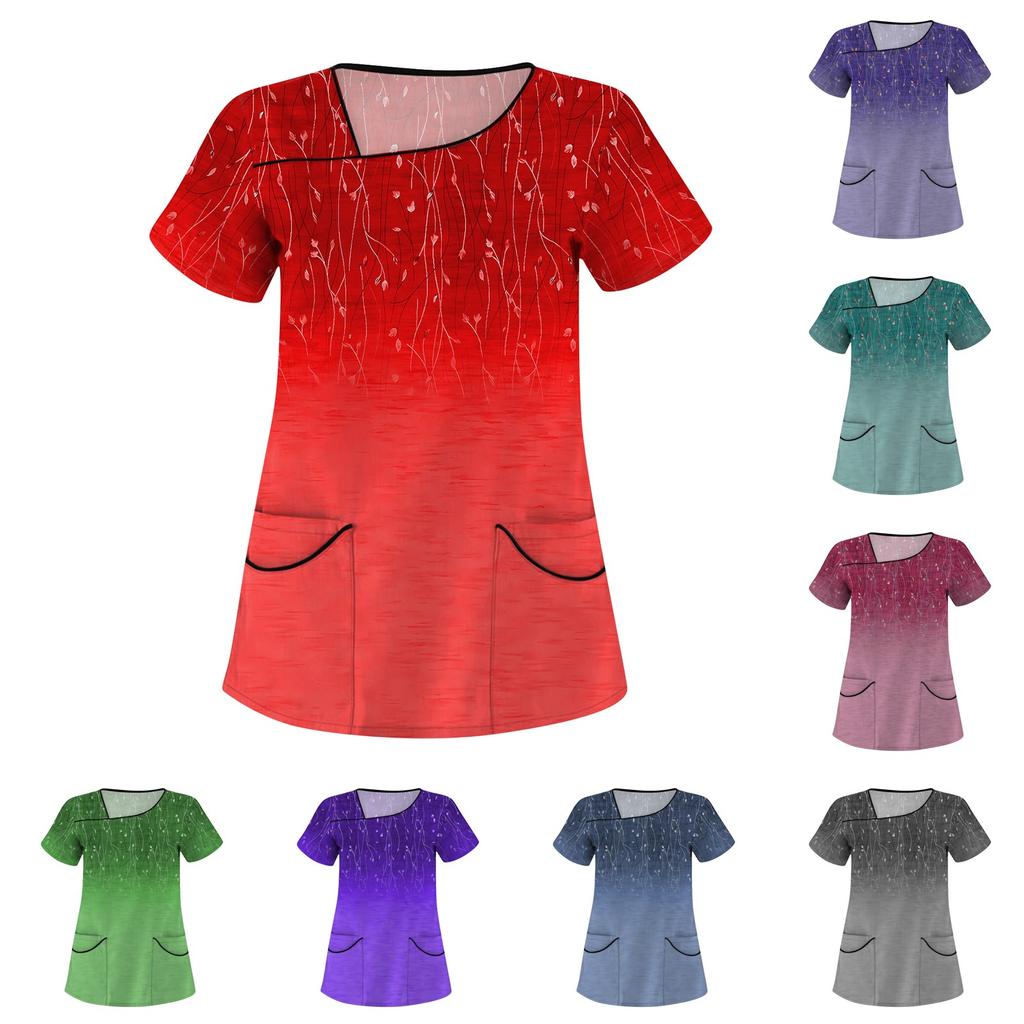 Женская повседневная рабочая одежда с цветочным принтом и коротким рукавом с наклонным воротником и двойными карманами