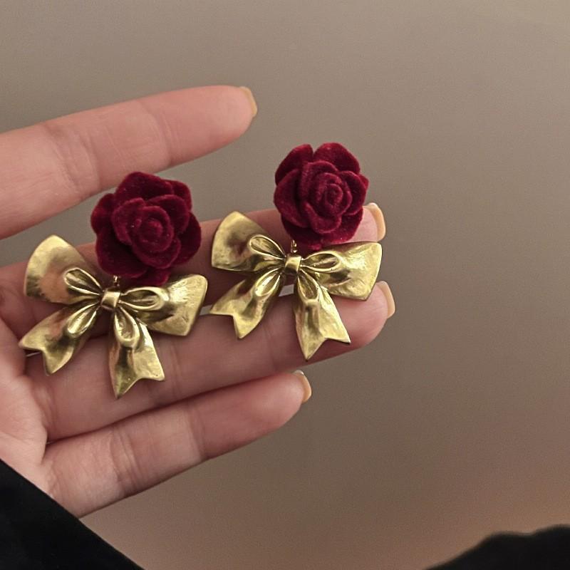 Vintage Red Flocking Earrings Collection Bow Knot Earstuds Vintage Style Earrings Jewelry Gift