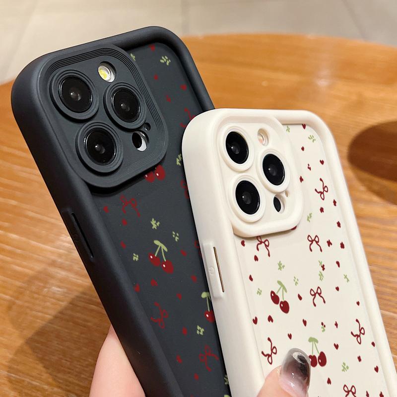 Мягкий матовый чехол из ТПУ с рисунком вишни и бантом для iPhone 16 Pro Max 15 Pro 14 13 12 11 17 Pro Max Ударопрочный бампер с защитой линз