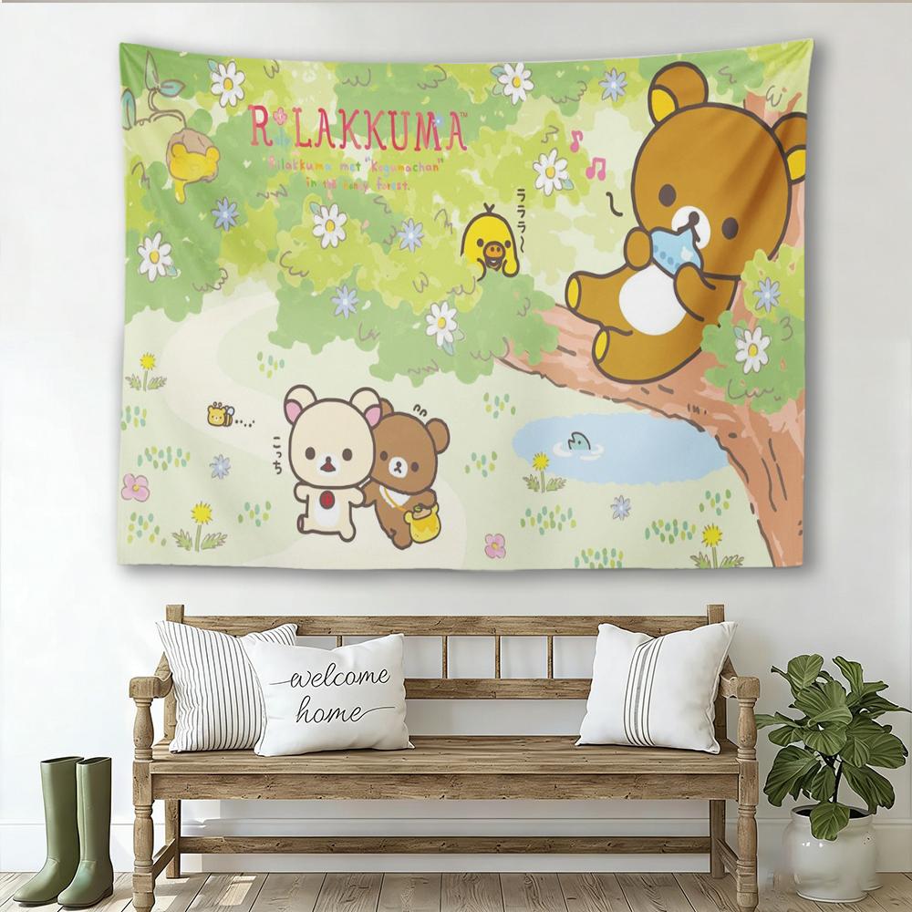 Cute Brown White Bear Wall Tapestry Hippie Floral Art Carpet Dorm Decor Aesthetic Wall Hanging