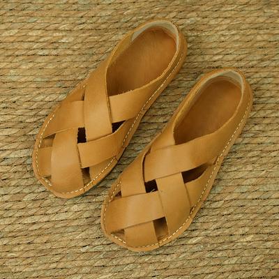 Кожаные сандалии женские новые первый слой коровьей кожи плетеные ретро ручной работы хлопок и лен женская обувь на плоской подошве одинарная обувь дышащая