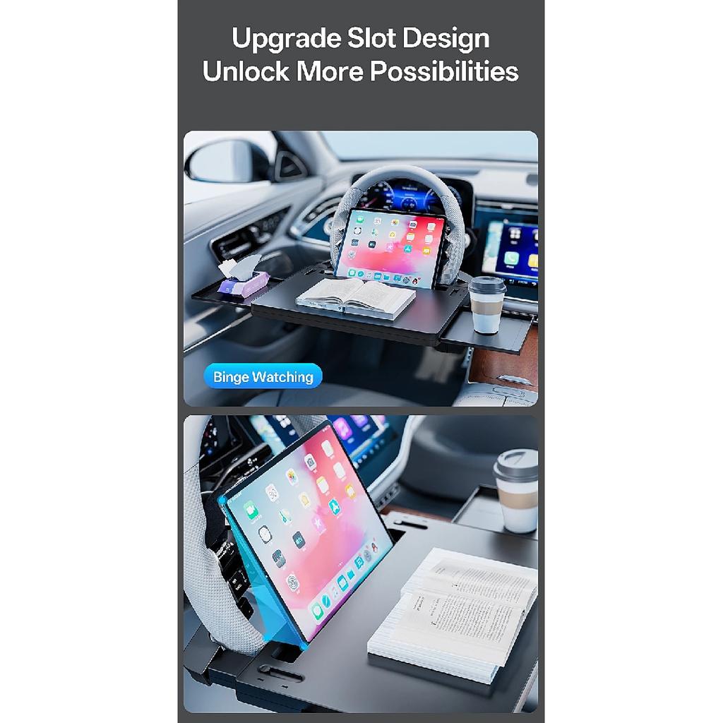 Carbon Fiber Design Auto Steering Wheel Tray Multipurpose Adjustable Car Table with Drawer and Anti-Slip Protective Adhesive