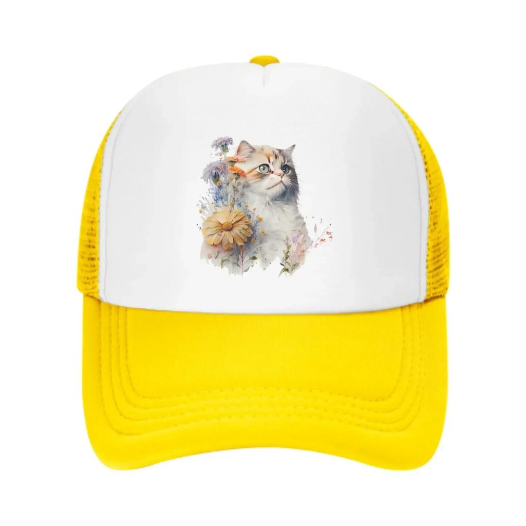Floral Cat Mesh Trucker Hats for Unisex Women Adjustable Casual Fashion Baseball Caps for Outdoor Activities