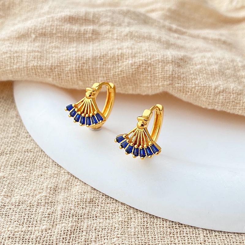 Women Exquisite 18k Gold Plated Fan Shape Zircon Fashion Hoop Earrings